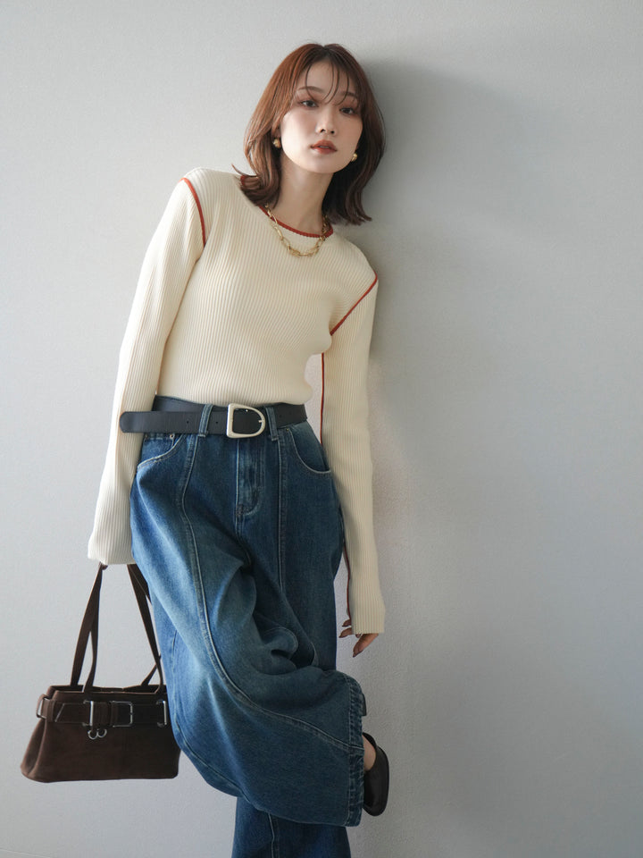 [予約]バイカラークルーネックリブニットトップス/ivory