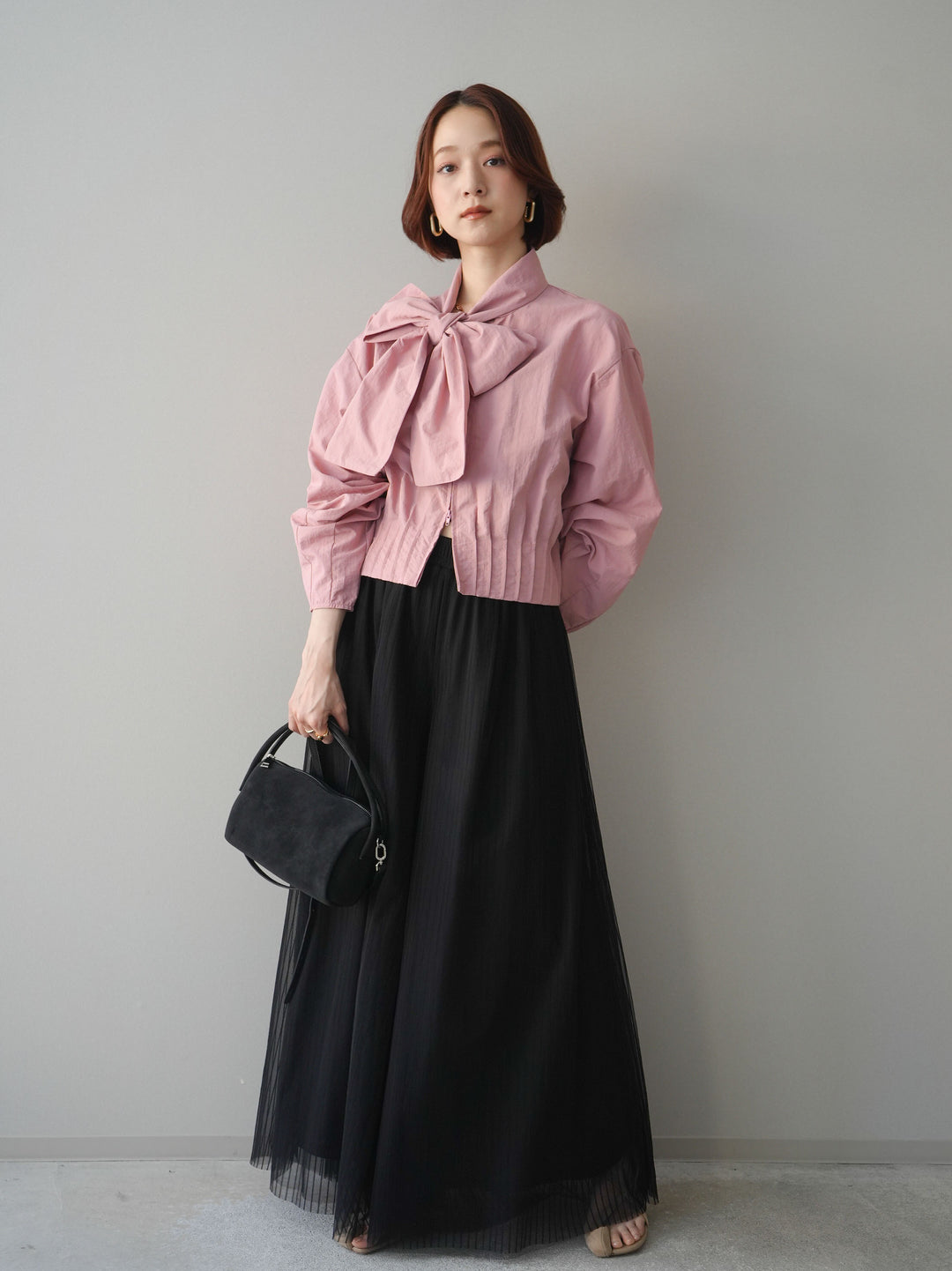 [SET]ボウタイ裾プリーツライトジャケット+ストライプチュールボリュームバギーパンツ(2set)