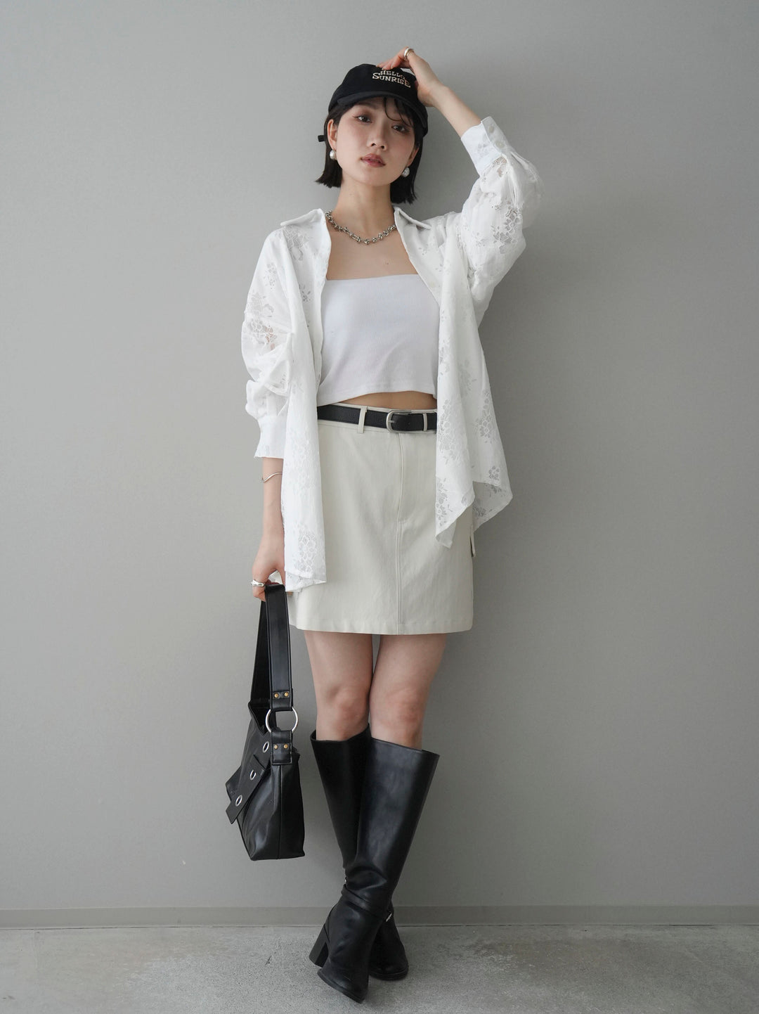 【套裝】提花蕾絲罩衫+繫帶工裝迷你裙（兩件套）