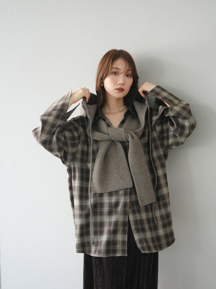 [SET]レザー襟オンブレチェックオーバーシャツ +クラッシュベロアナロースカート(2set)