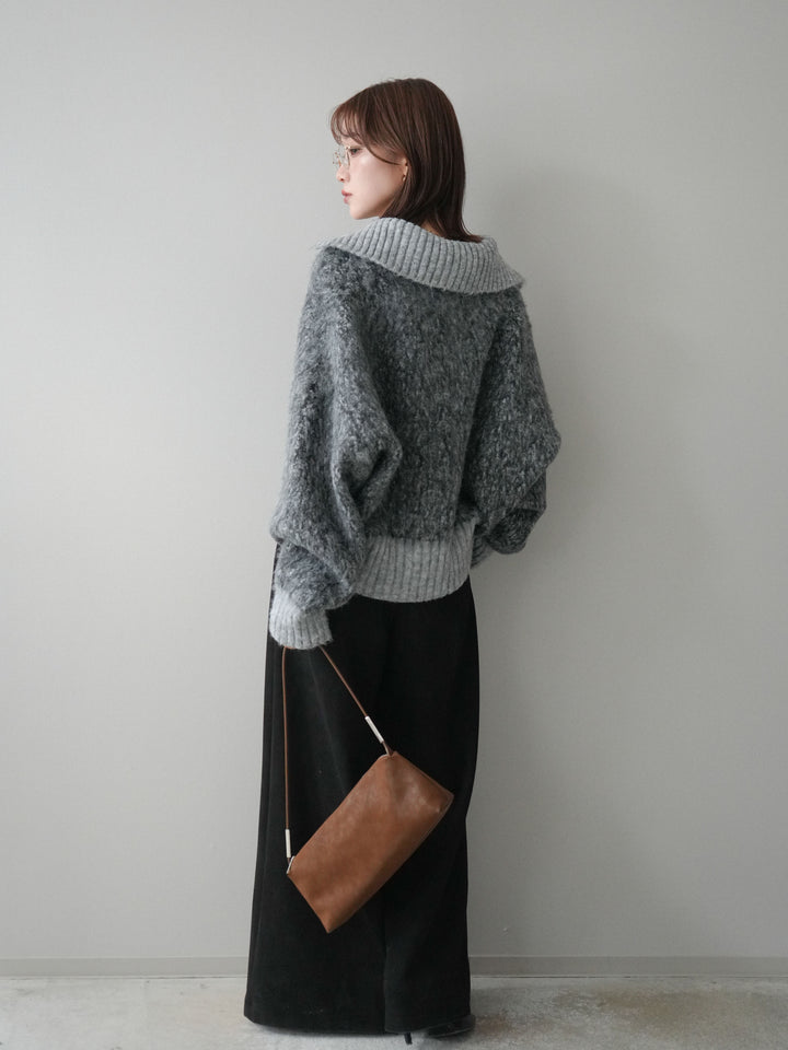 [SET]リブ切替メランジニットカーディガン+モチーフベルト付スエードタックワイドパンツ(2set)