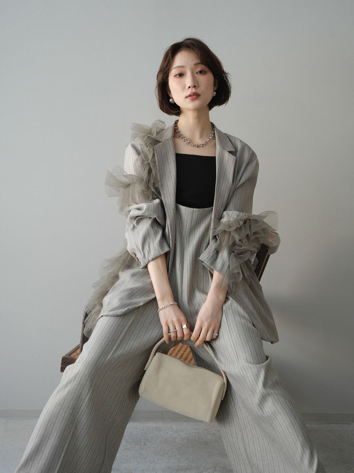 [予約]アシンメトリーチュールストライプジャケット/greige