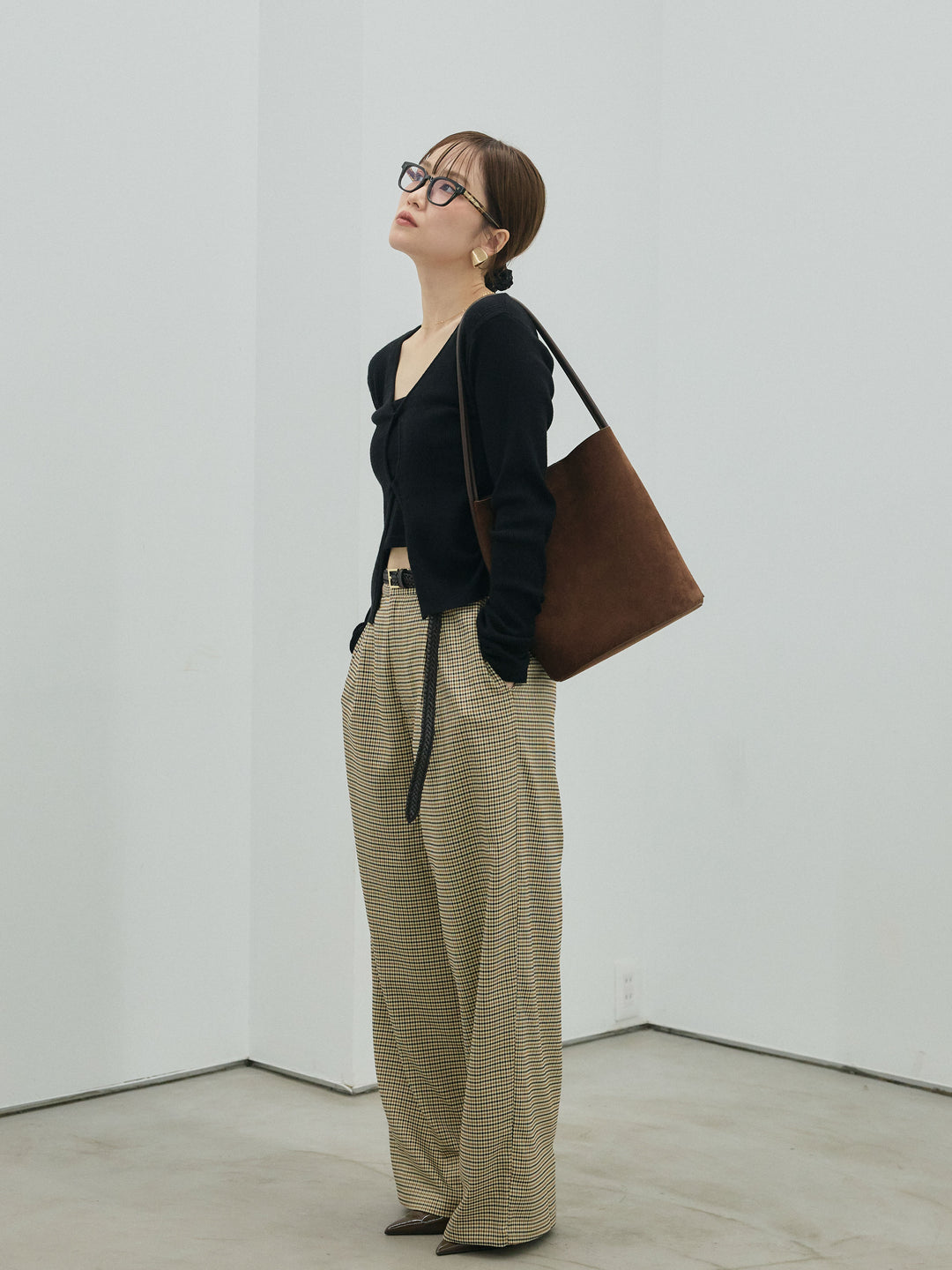 【Allure】[SET]フロントツイストリブニットトップス+チェック柄タックワイドパンツ(2set)