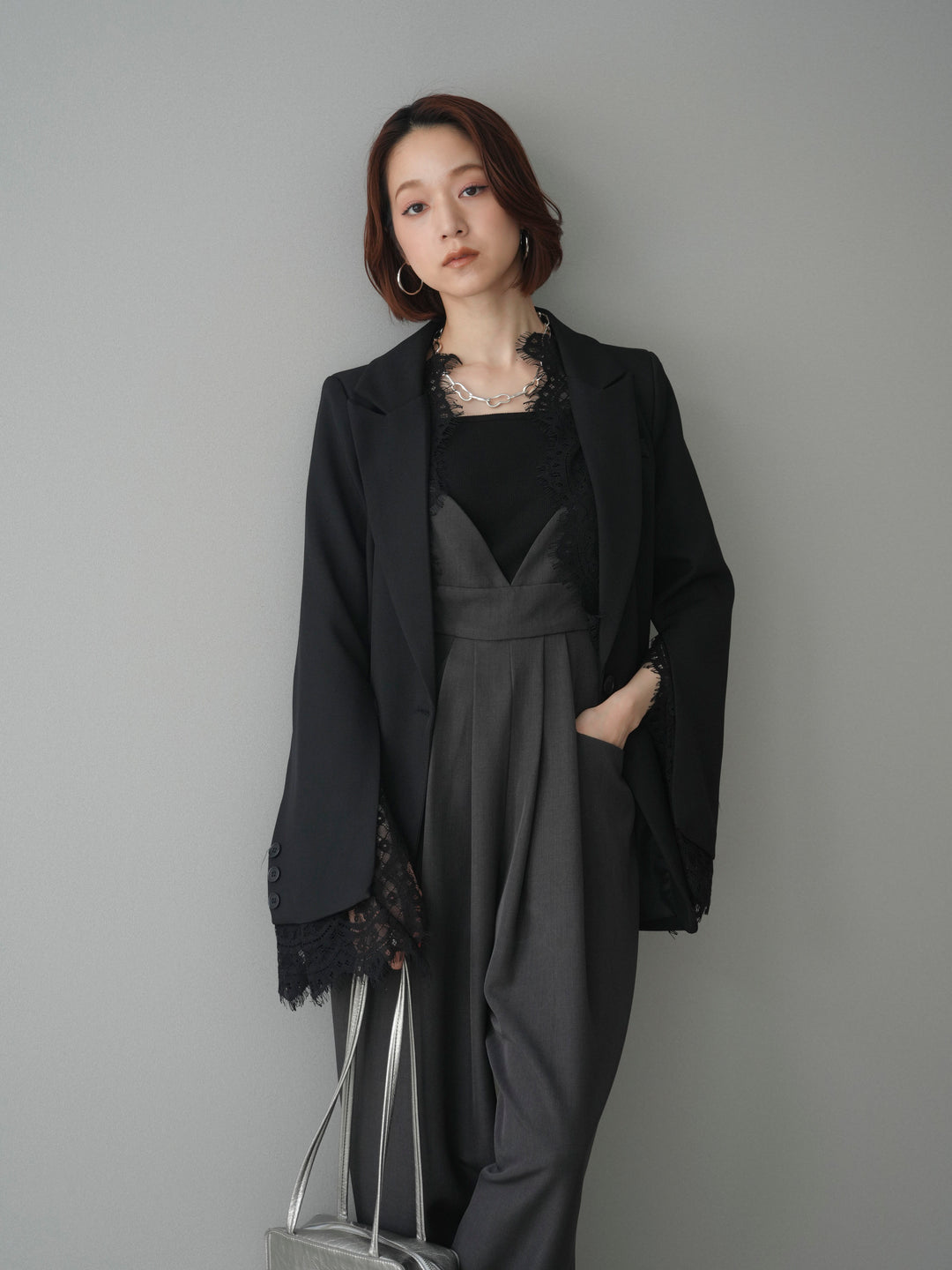 [SET]レースレイヤードスリットジャケット+バックデザインサロペット(2set)
