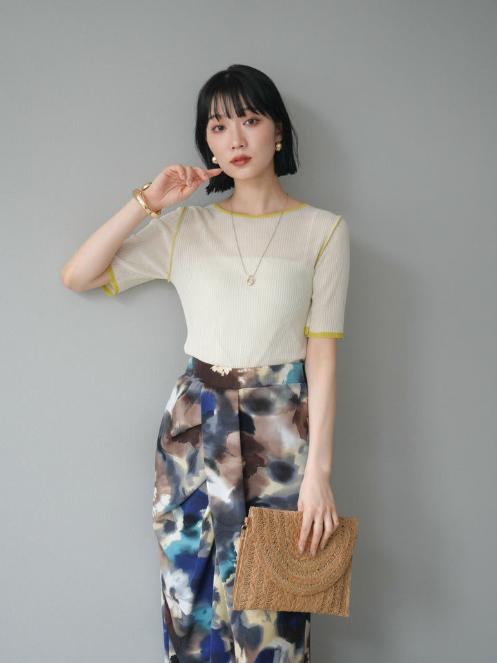 [予約]麻タッチ配色ニットハーフスリーブトップス/アイボリー