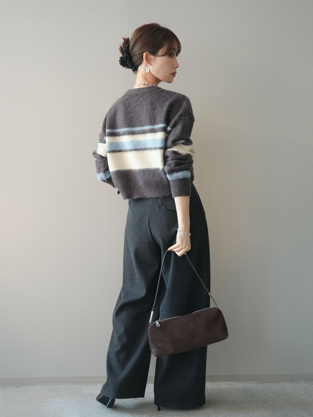 [予約]アニマル柄ベルト付きウールタッチワイドパンツ/charcoal