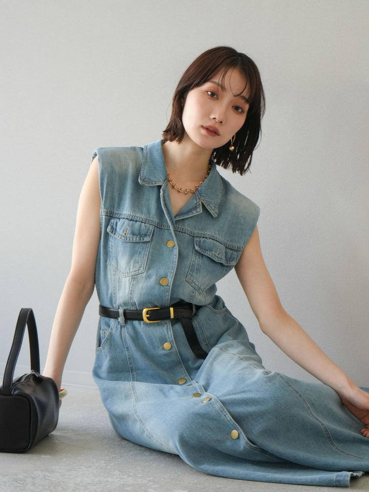 [予約]ベルト付デニムシャツデザインワンピース/ライトブルー