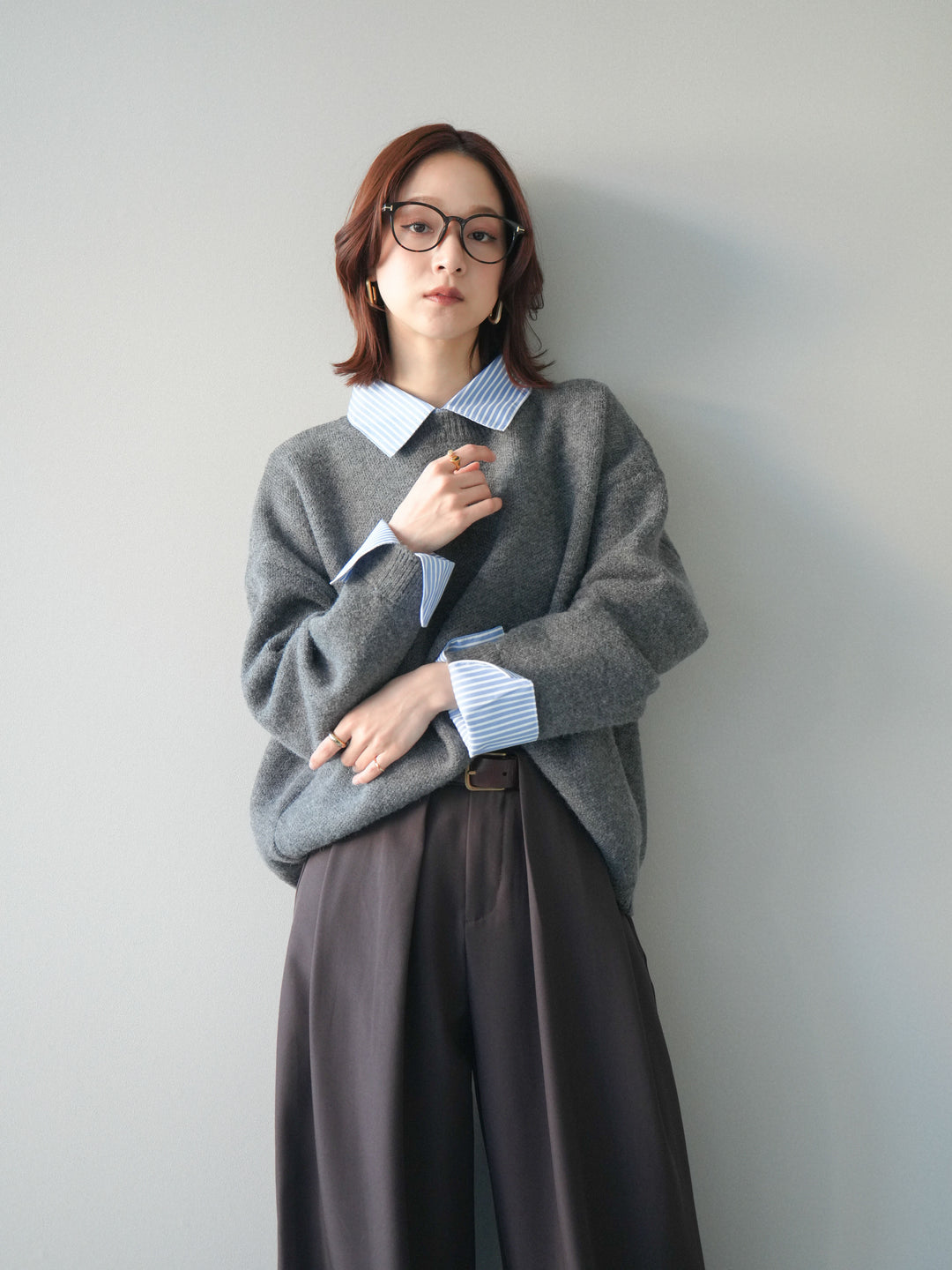 [SET]2WAYストライプ襟ニットプルオーバー+ベルトループデザインワイドパンツ(2set)