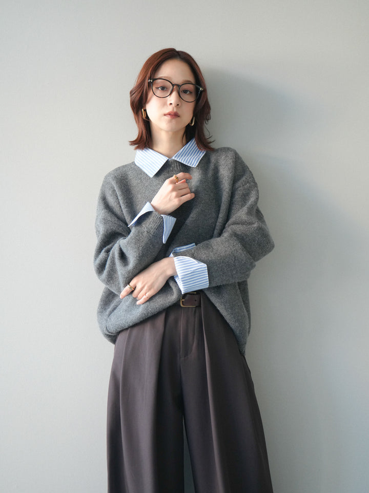 [SET]2WAYストライプ襟ニットプルオーバー+ベルトループデザインワイドパンツ(2set)