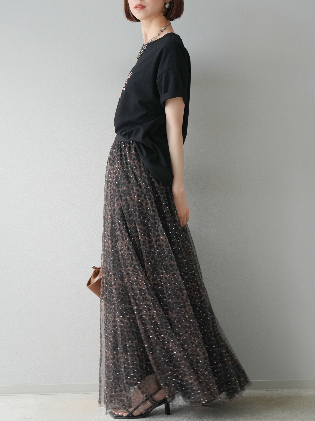 [5] 豹紋薄紗層疊百褶裙/摩卡色