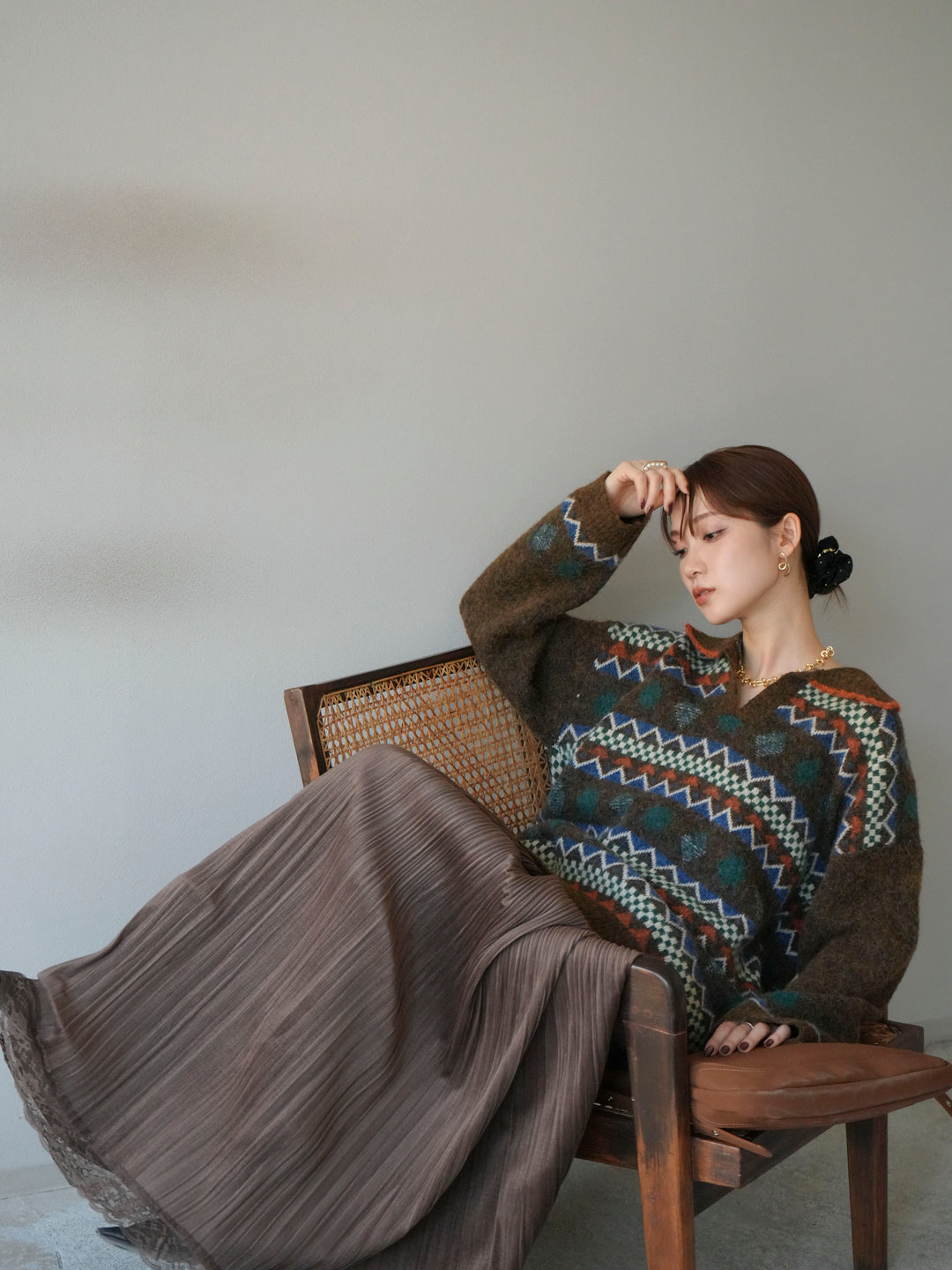 [予約]ノルディック柄ポロニットプルオーバー/ブラウン