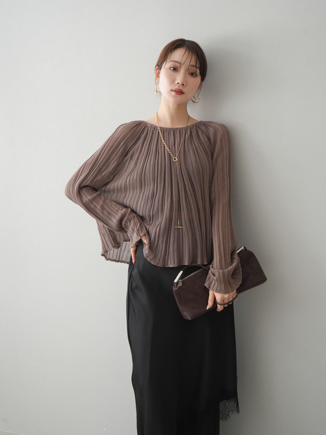 [SET]プリーツシアーフレアスリーブニットトップス+選べるアクセセット(2set)