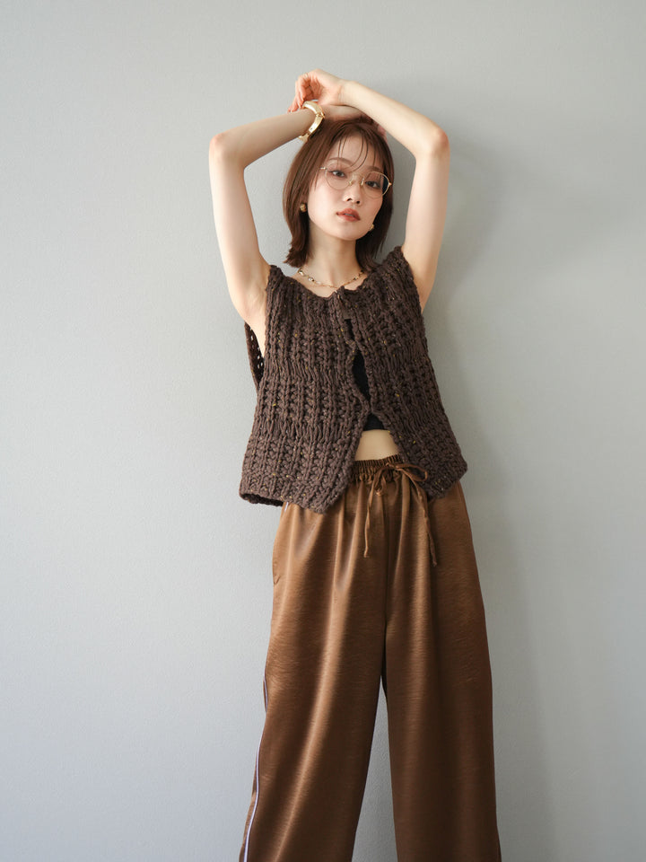 [予約]ミックスヤーンデザイン編みニットベスト/ブラウン