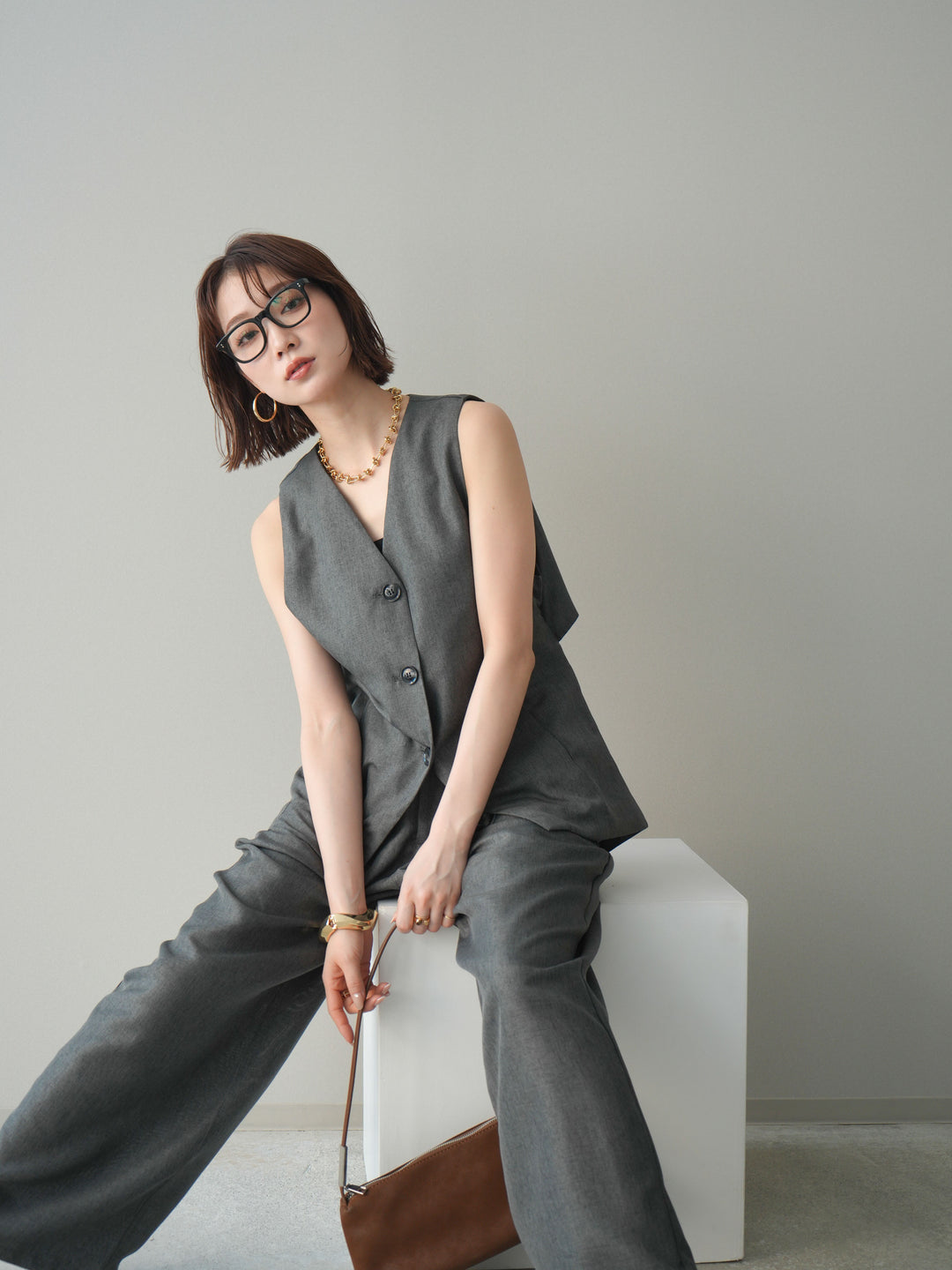 [SET]リネンライクバックオープンジレ+リネンライクタックワイドパンツ(2set)