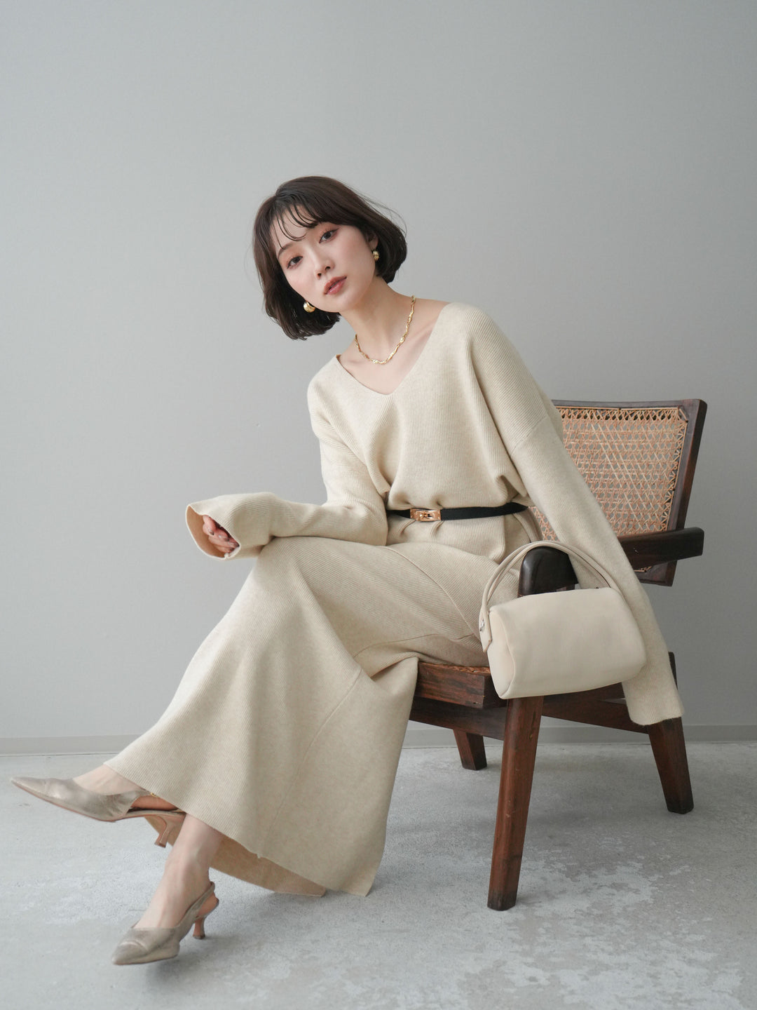 [SET]ベルト付Vネックニット＆スカートSET UP+ベルト付Vネックニット＆スカートSET UP(2set)