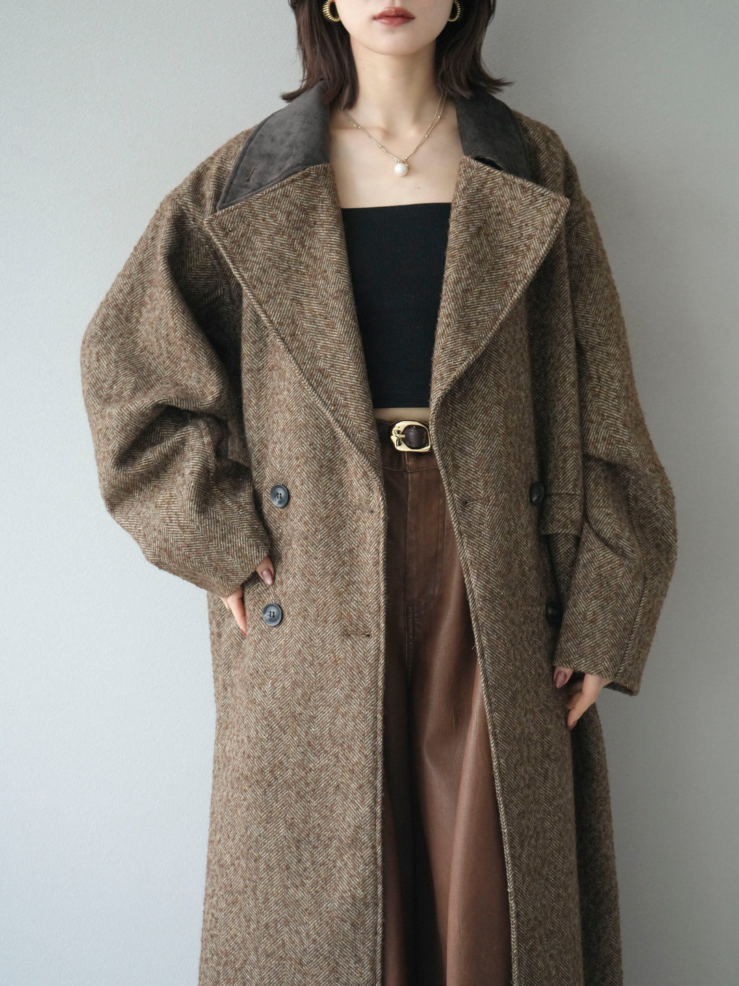 [予約]ネップヘリンボーンレザー襟チェスターコート/brown