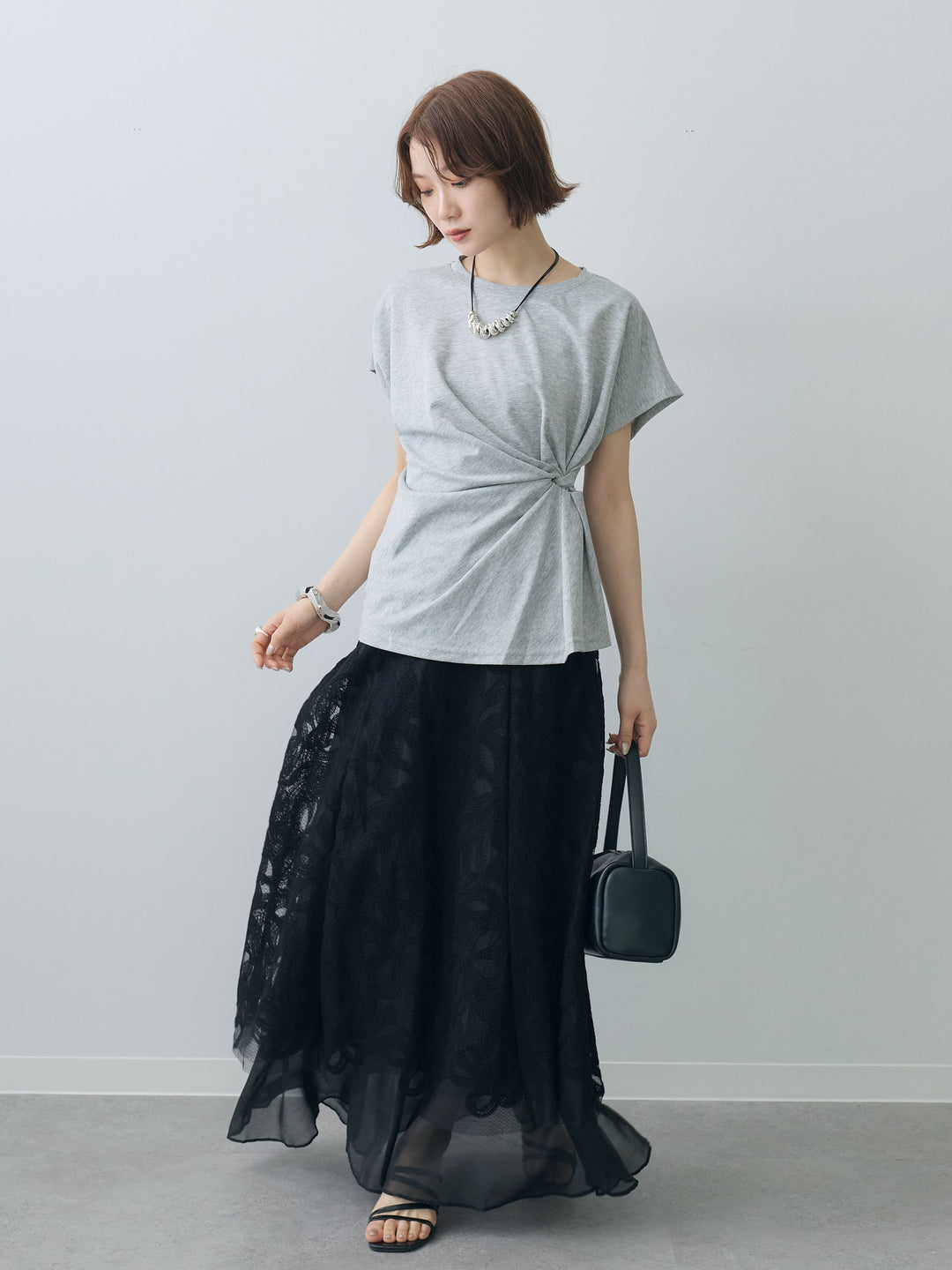 [SET]サイドノットTEE+フラワーレースレイヤードスカート(2set)