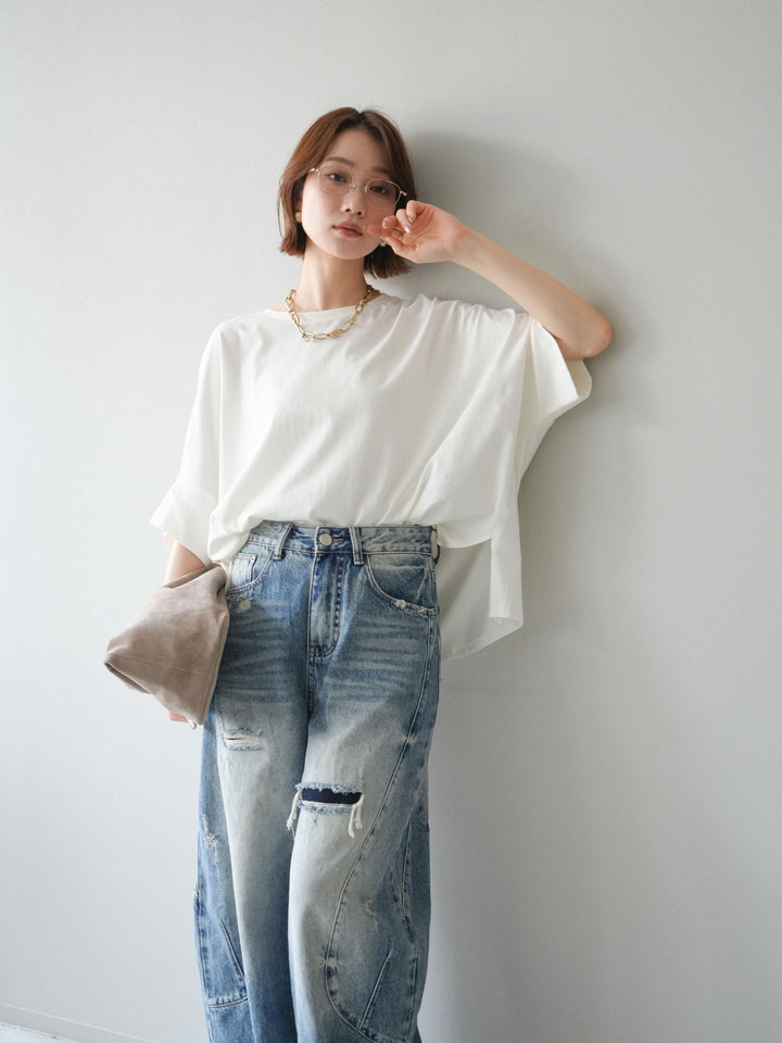 [SET]ドルマンワイドフレアトップス+ダメージカーブワイドデニムパンツ(2set)
