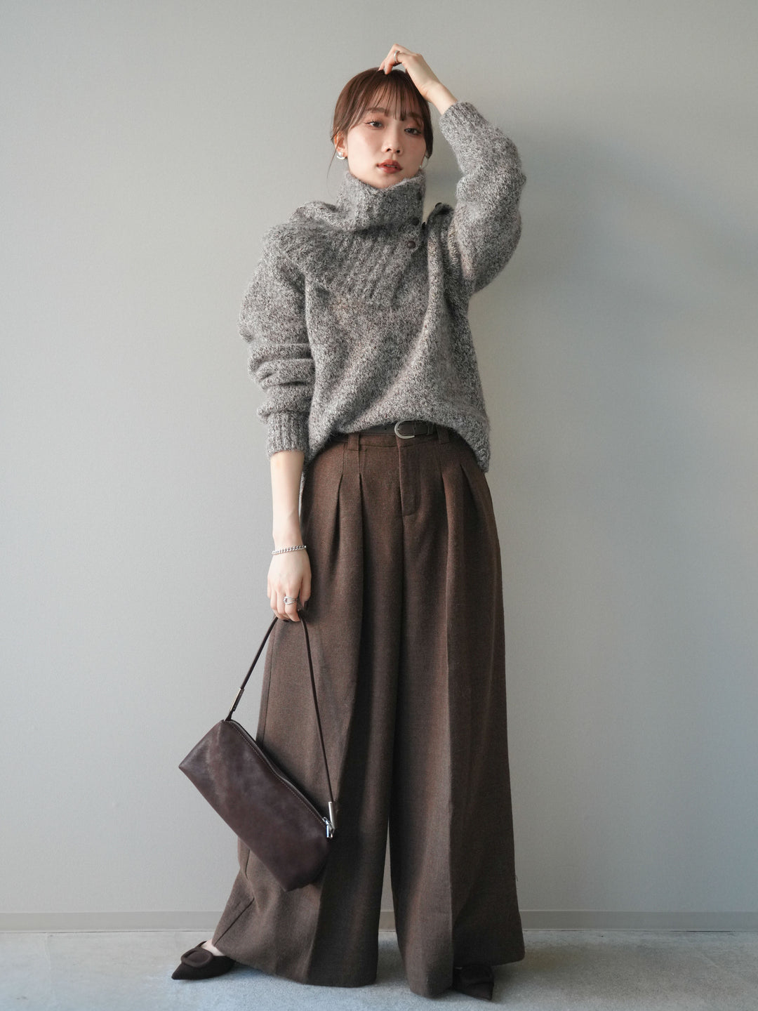 [予約]ウールタッチベルト付ワイドパンツ/brown