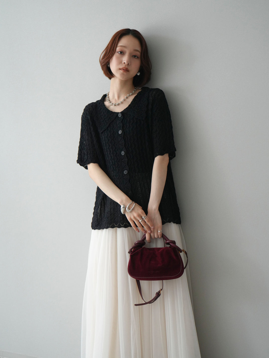 [予約]ハーフスリーブウェーブニットカーディガン/black