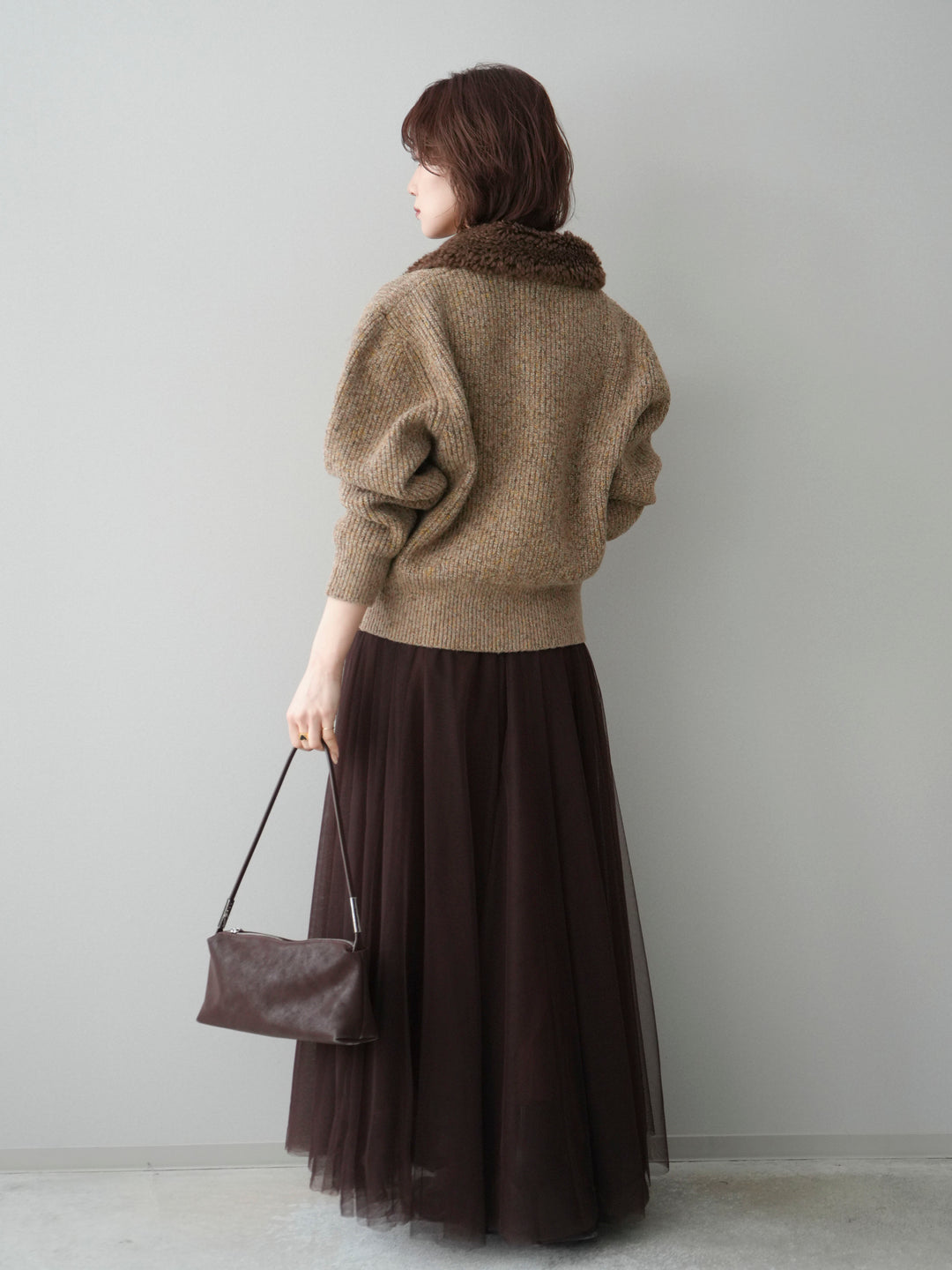 [SET]襟ボアミックスヤーンニットカーディガン+チュールボリュームスカート(2set)