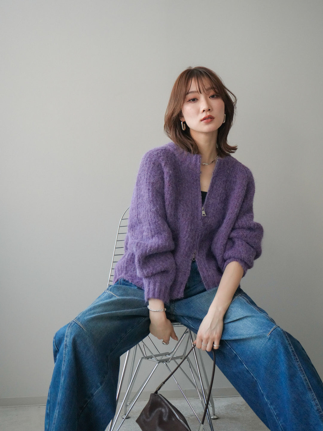[予約]MIXヤーンモヘアタッチZIPニットカーディガン/purple