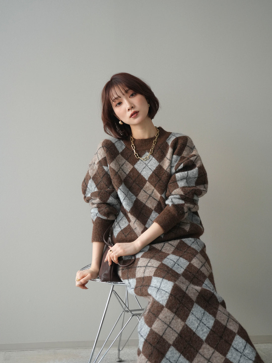 [SET]アーガイルニットプルオーバー&ロングスカートSET UP(2set)