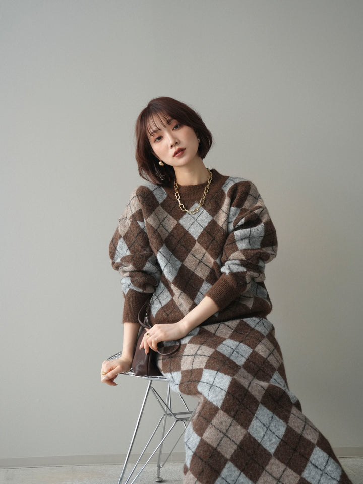 [SET]アーガイルニットプルオーバー&ロングスカートSET UP(2set)