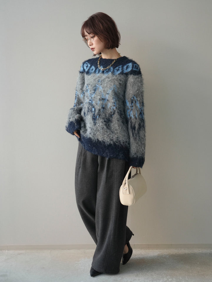[SET]シャギーニュアンス柄ニットプルオーバー+ベルト付起毛コクーンパンツ(2set)