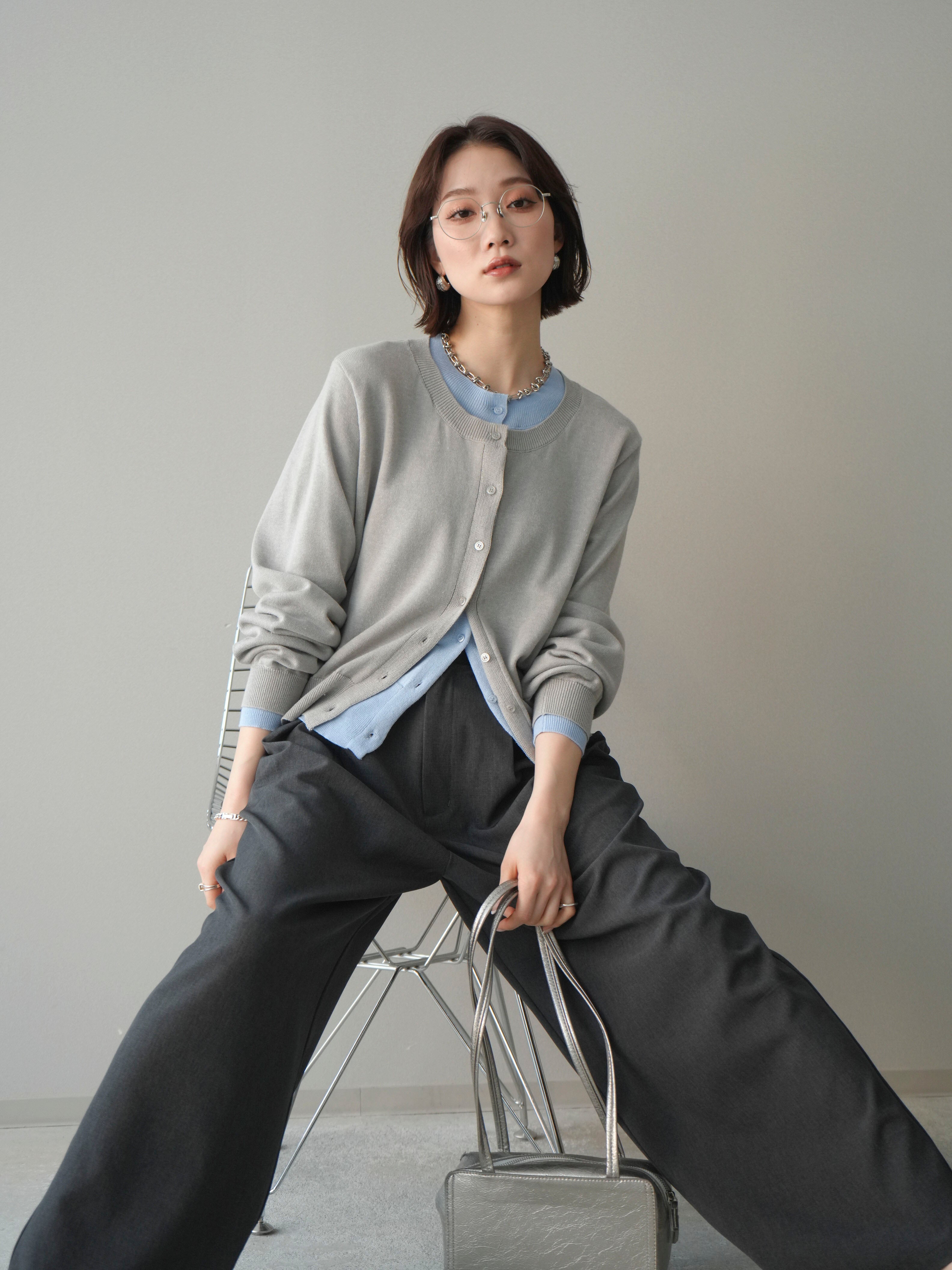 SET]配色レイヤードコットンアクリルニットカーディガン+サテンベルト