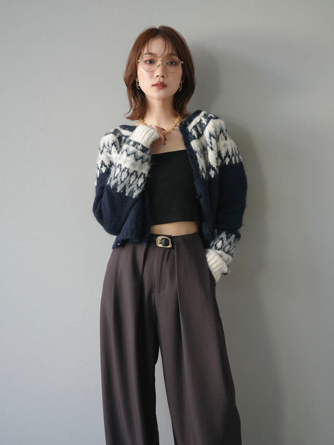 【着回しセット】[SET]求心柄クロップドニットカーディガン+異素材ミックスヤーンニットプルオーバー+ベルトループデザインワイドパンツ(3set)