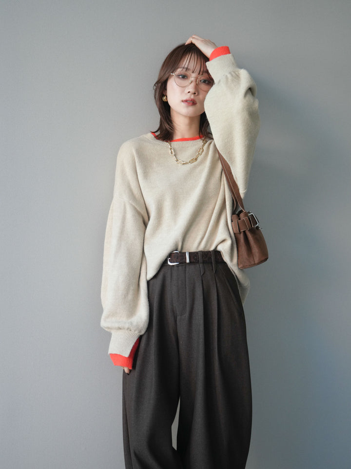 [予約]ヘンリーネック配色レイヤードニットプルオーバー/beige