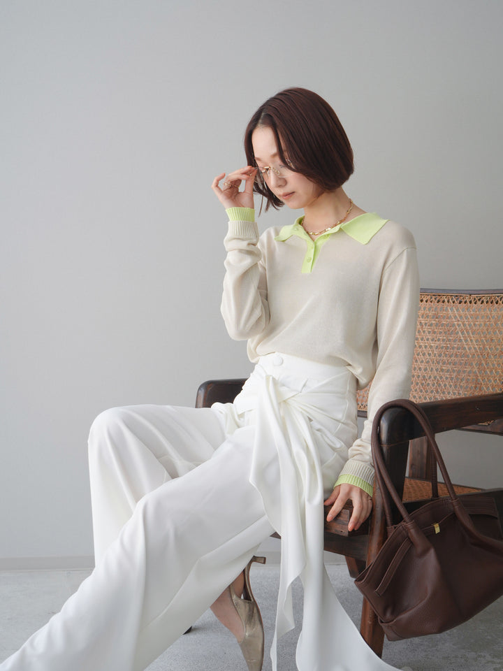 [SET]配色デザインシアーポロニット+ラッフルベルトワイドパンツ(2set)