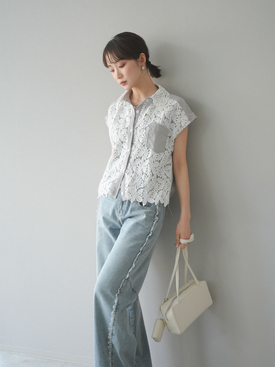 [予約]レースレイヤードドロストシャツ/グレー