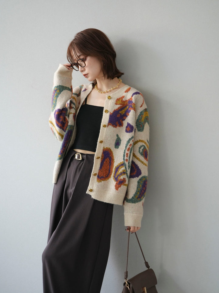 [予約]ミックスヤーンペイズリー柄ニットカーディガン/アイボリー