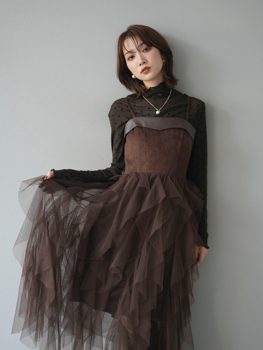 [予約]レザー切替チュールラッフルワンピース/brown