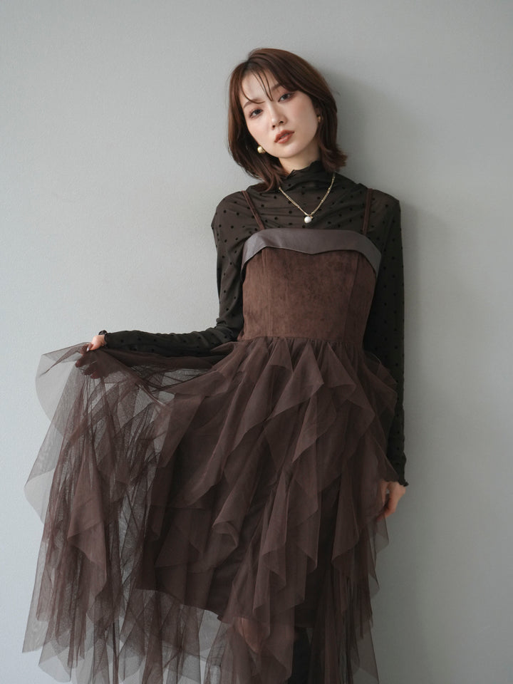 [予約]レザー切替チュールラッフルワンピース/brown