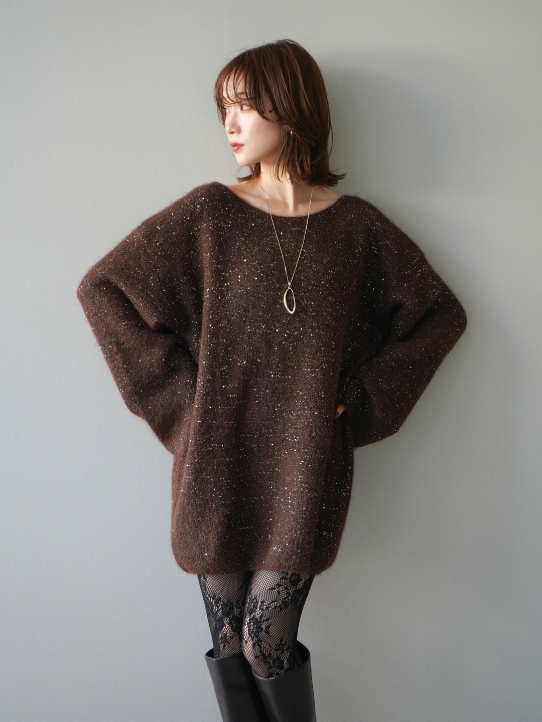 [予約]スパンコールミニシャギーニットチュニック/brown