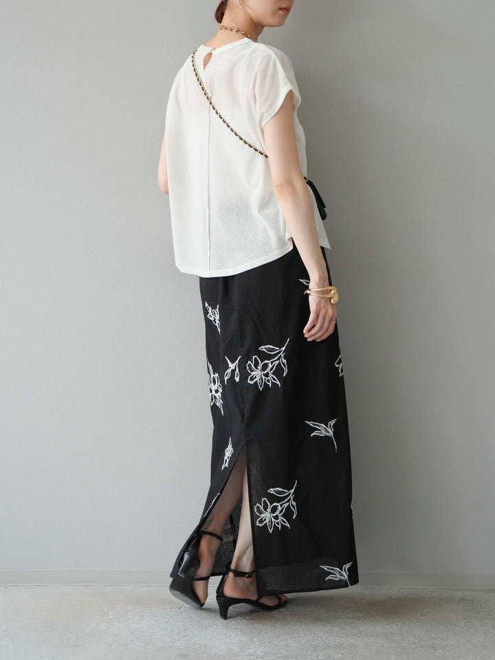 [予約]フラワー刺繍ナロースカート/ブラック