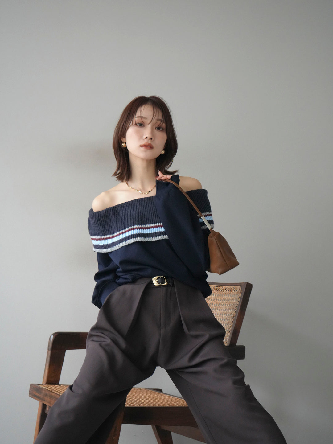 [予約]ボーダーニットオフショルダーxスウェットプルオーバー/navy