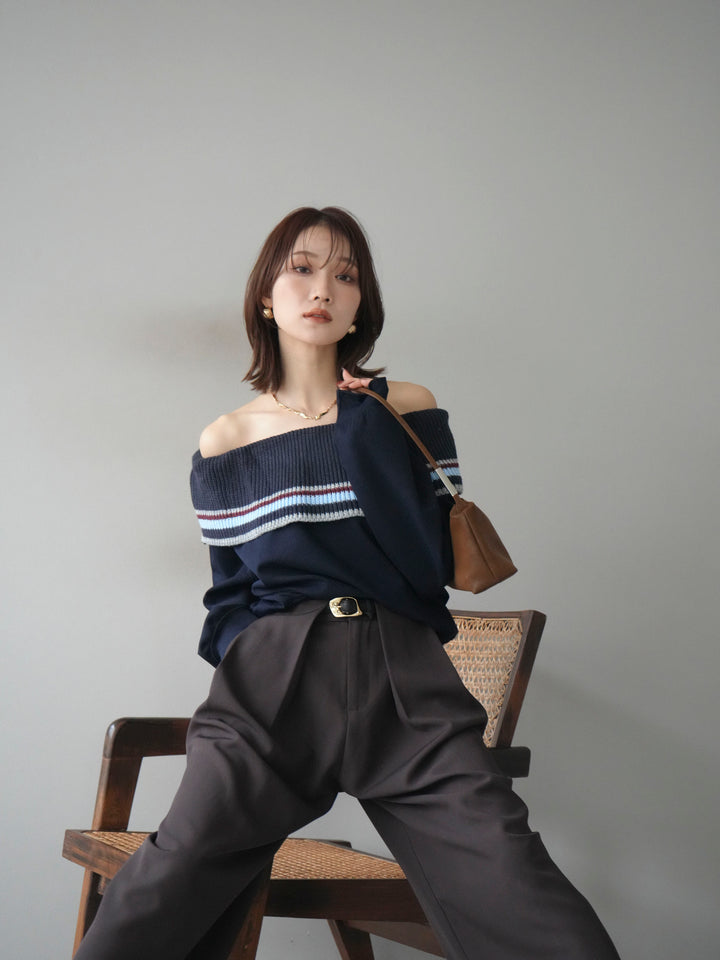 [予約]ボーダーニットオフショルダーxスウェットプルオーバー/navy