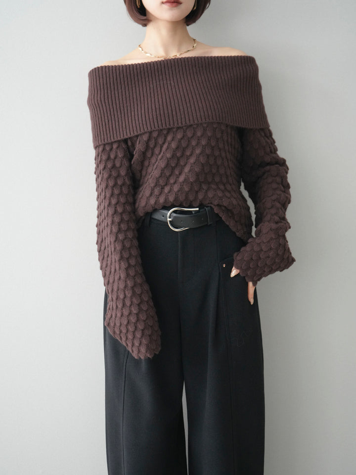 [予約]ポコポコ編みオフショルニットプルオーバー/brown