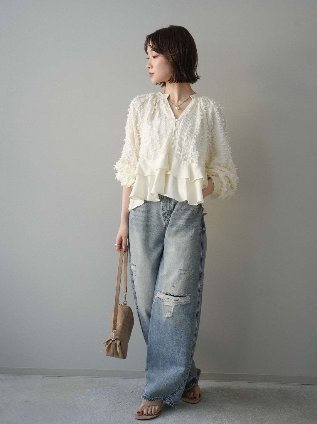 [予約]ダメージデニムセミワイドパンツ/lightblue