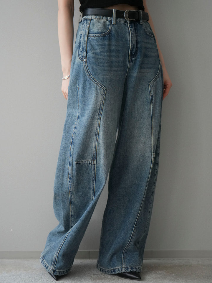 [予約]ベルト付3Dカーブデニムパンツ/blue
