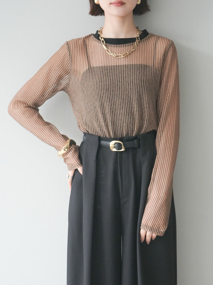 [SET]シアーストライプメッシュトップス+ドレープタックベルトループパンツ(2set)