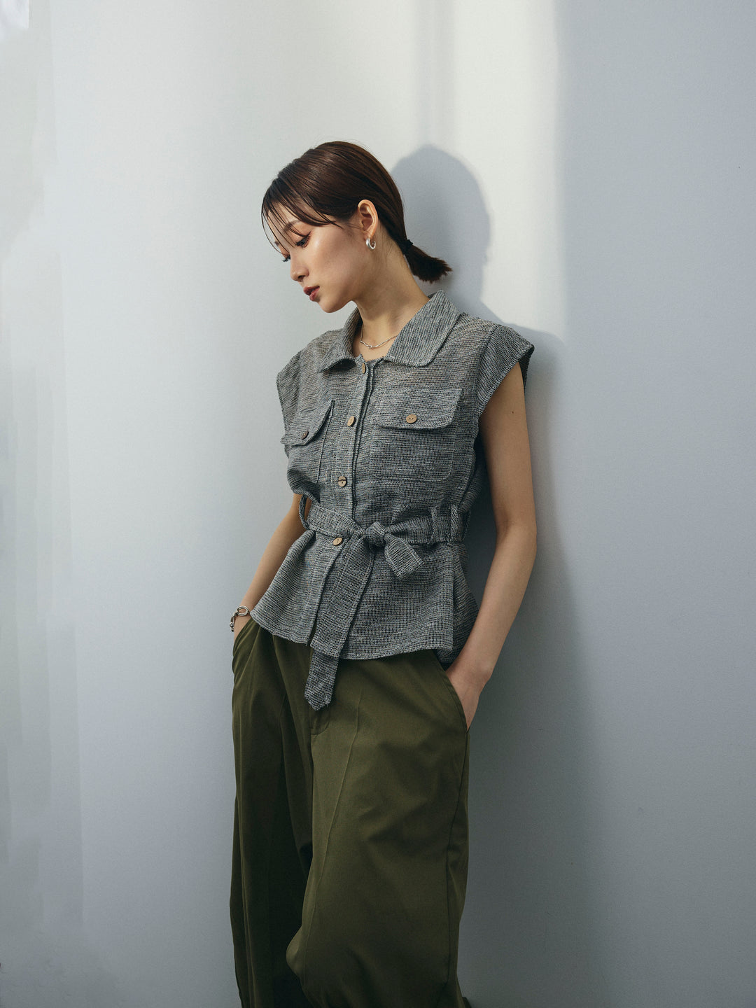 [SET]ミックスヤーンメッシュブラウス+コクーンワイドチノパンツ(2set)