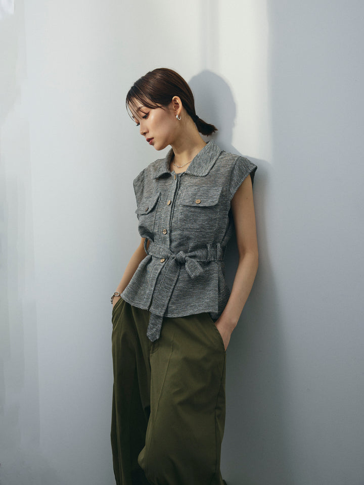 [SET]ミックスヤーンメッシュブラウス+コクーンワイドチノパンツ(2set)