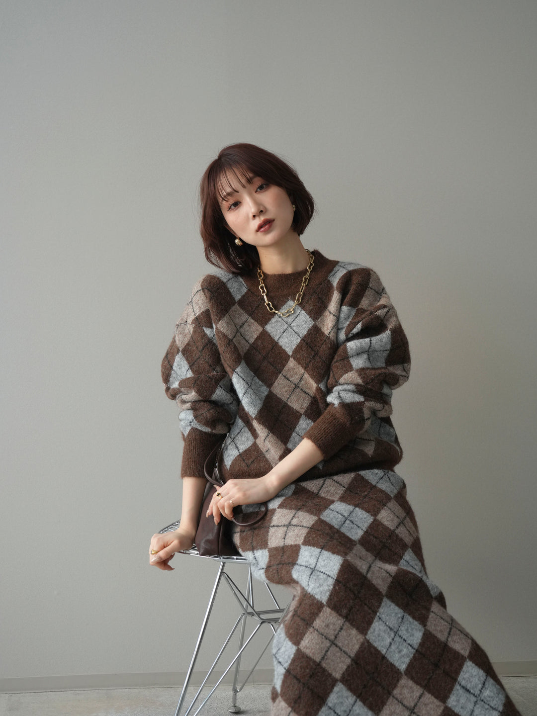 [SET]アーガイルニットプルオーバー&ロングスカートSET UP+選べるアクセセット(2set)