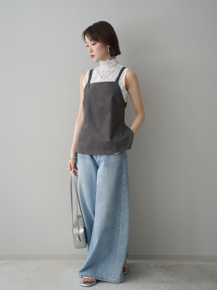 [予約]サイドビジューワイドデニムパンツ/lightblue