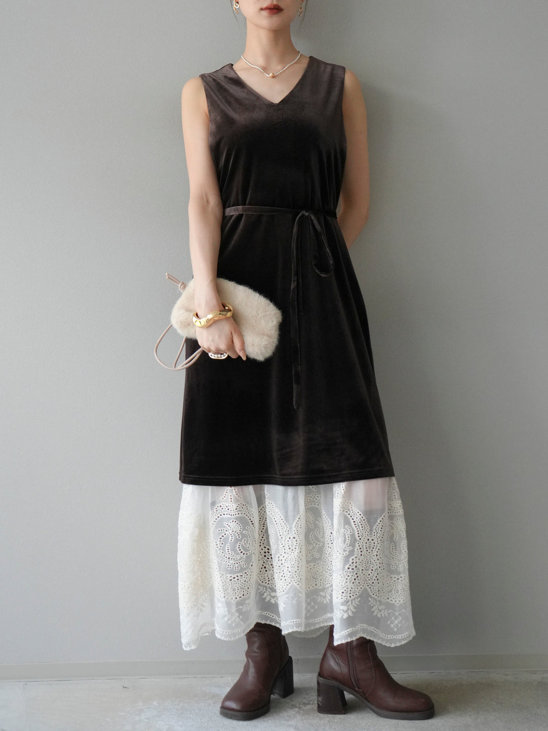 [予約]裾コットンレースベロアワンピース/ブラウン